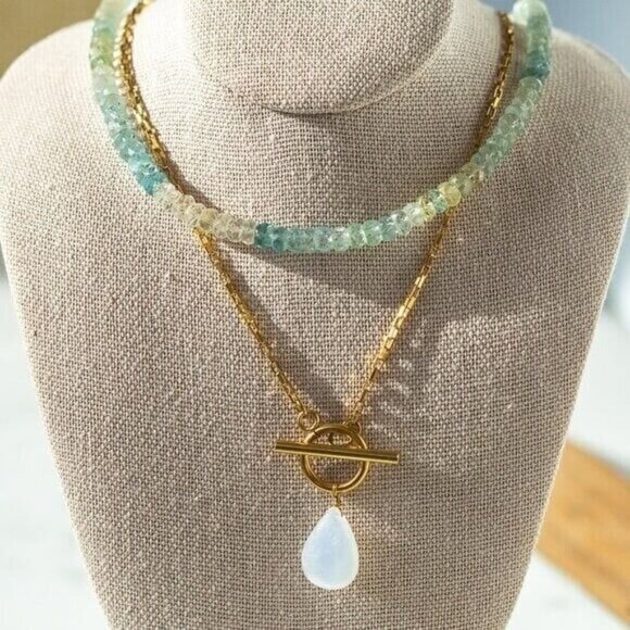 Ombre Aquamarine Beaded Necklace Genuine Gemstone Waterproof Gold Adjustable - Picture 3 of 12